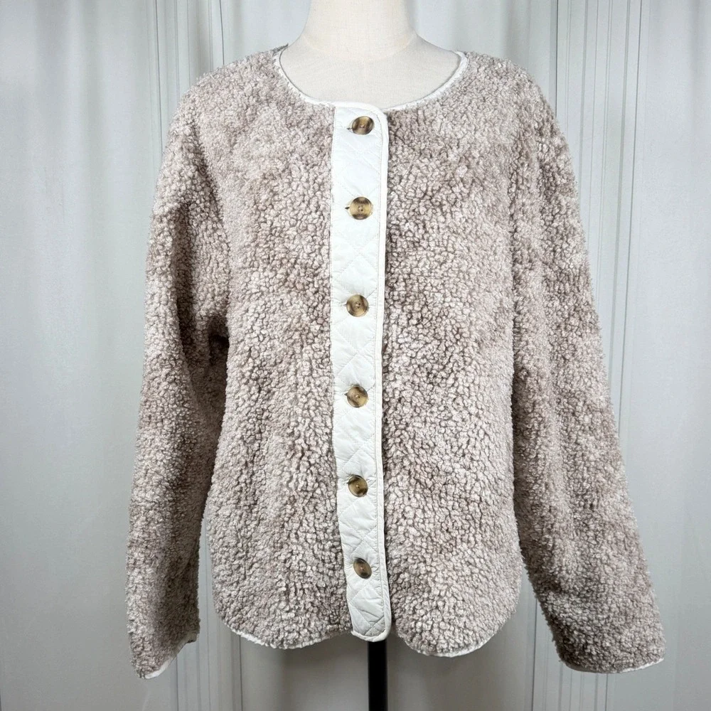 Lucky Brand Faux Shearling Jacket Neutral Multi Taupe Quilted Trim Button L